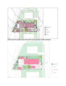 Situasjonsplaner som viser to ulike forslag til plassering av en bygning på en tomt, inkludert beplantning og omgivelser.