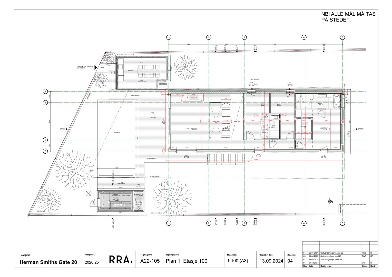 Etasjeplan (Plan 1. Etasje 100) som viser romfordeling, møblering og konstruksjon for et hus.