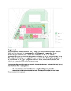 Etasjeplan (topplan) som viser romfordeling, vegger, inngang, trapp og uteplasser med tilhørende tekst om regelverk for byggesak.