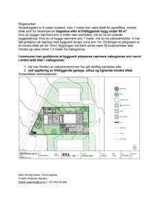 Situasjonsplan som viser bygningens plassering på tomten i forhold til nabogrenser, veg og innkjørsel.