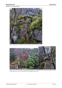 Fotografier av en steil, mosede fjellvegg med blokker (klipper) i en skråning ved en eiendom. Bildene viser detaljer av terrenget og blokkene som er vurdert for stabilitet.