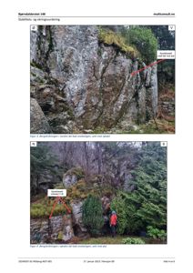 Fotografier av bergskråningen i forbindelse med en stabilitets- og sikringsvurdering, med markerte sprekkesett.