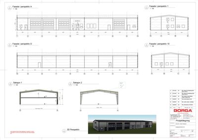 En tegningsside som viser fasadetegninger (perspektiv A, 1, D og 10) samt snittegninger (Seksjon 1 og 2) for en bygning.