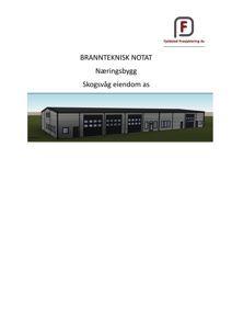 Et bilde av en 3D-rendering eller illustrasjon av et næringsbygg, inkludert overskrift 'BRANNTEKNISK NOTAT' og kundeforhold.
