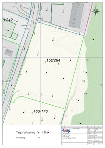 Situasjonsplan som viser tomtens grenser (150/284 og 150/178), høydemålinger, terrengform, nabotomter og en tegnforklaring for avrenning.