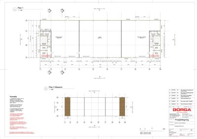 Bildet viser etasjeplaner (Plan 1 og Plan 2) for en bygning, inkludert romfordeling, dimensjoner og konstruksjonsdetaljer.