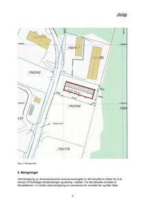 Situasjonsplan som viser tomtens grenser, nabolag (150/xxx), veier og en planlagt tiltaksområde (rødt rektangel) med dimensjoner.