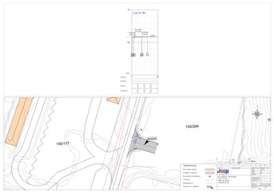 Situasjonsplan som viser tomtens beliggenhet i forhold til nabolag (tomtenummer 150/177 og 150/284), høydekurver, eksisterende og planlagt bebyggelse, samt en profil over høydeprofil langs en linje.