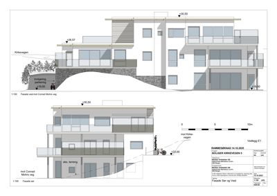 Fasadetegning som viser bygningens utseende fra to vinkler: vest mot Conrad Mohrs veg og sør mot Kirkevegen. Tegningen inkluderer høydeangivelser, skala, orientering og prosjektinformasjon.