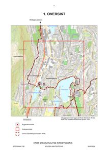 Kart som viser situasjon for et utbyggingsområde i Årstad bydel, med overlagte arealer for byggesaksområde, analyseområde og byfortettningszone.