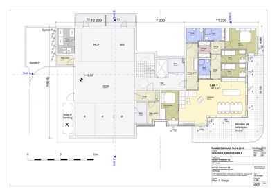 Etasjeplan (Plan 1. Etasje) som viser romfordeling, mål og funksjoner for en leilighet og garasje.
