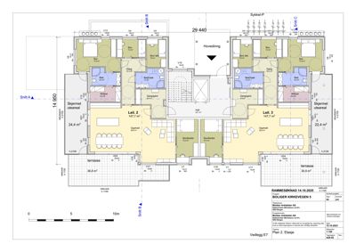 Etasjeplan (2. etasje) for boliger på Rammesknad 14, som viser romfordeling, arealer og snittlinjer.
