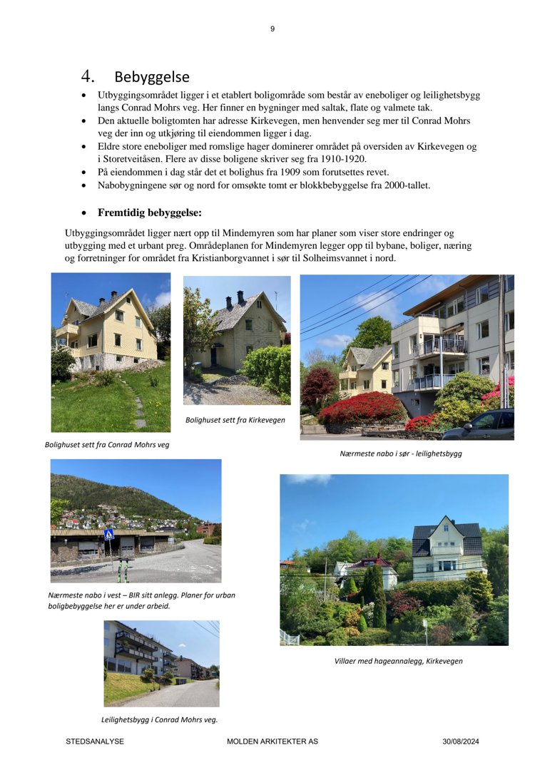 Et dokument med tekst om bebyggelse og flere fotografier av eksisterende og planlagt bebyggelse i området.