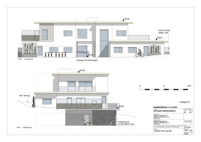 Fasadetegning som viser bygningens utseende fra nord og øst, inkludert høyder, innganger og terrassering.