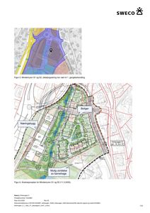 Bildet viser en situasjonsplan (Figur 6) for et bolig- og næringsprosjekt (Mindemyren S1 og S2). Den viser plassering av bygninger, veier, grøntområder og reguleringsområder.
