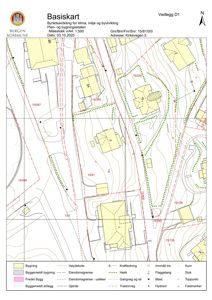 Basiskart (situasjonsplan) som viser eiendomsgrenser, bygninger, høydekoter og naturforhold for eiendommen ved Kirkevegen 5.