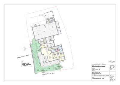 Etasjeplan (F1) som viser romfordeling, uteområder og støykjern for felles uteopphold 1. etg.