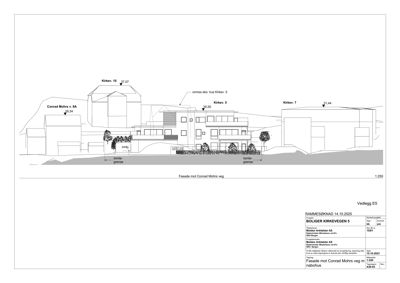 Fasadetegning som viser bygningens utseende sett fra Conrad Mohrs veg, med høydemål og nabohus.