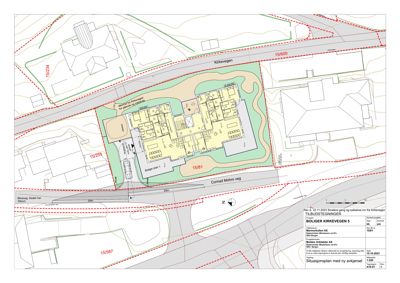 Situasjonsplan med ny avkjørsel som viser tomt, veier og nabobebyggelse.