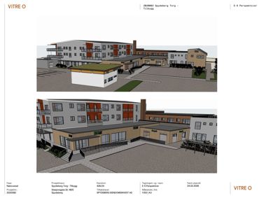 3D-visualisering (perspektivtegning) av et nytt byggprosjekt (Tilbygg) med omgivende tomt og nabolag.