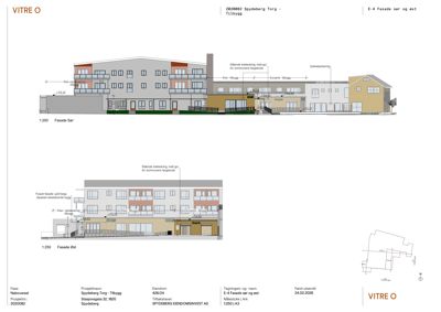 Tegning som viser fasadeoppsett for bygningen sett fra sør og øst, inkludert materialvalg og dimensjoner.