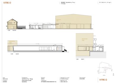Snittegning (E-3 Snitt A, B og C) som viser tverrsnitt gjennom bygningene i etasjer og grunnplan.