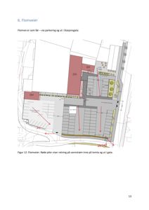 Situasjonsplan som viser vannstrømning (flomvei) på en tomt, med angivelse av parkeringsplasser, bygninger og gater.