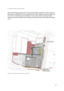 Situasjonsplan som viser plassering av overvannsanlegg (infiltrasjonsgreft, sandfang) i forhold til eksisterende bygninger og vei.