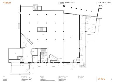 Etasjeplan (1. etasje) for bygget 'Spydeberg Torg - Tilbygg', som viser romfordeling, vegger, trapper og dimensjoner.