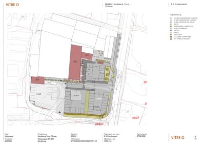 Situasjonsplan som viser plassering av bygninger, parkeringsplasser, beplantning og veier på tomten.