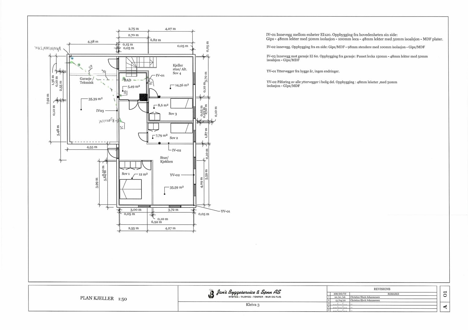 Plantegning av kjelleretasje (PLAN KJELLER) med romfordeling, dimensjoner og tekniske opplysninger om innvendige vegger og gulvkonstruksjon.