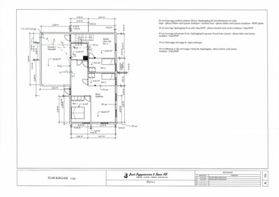 Plantegning av kjelleretasje (PLAN KJELLER) med romfordeling, dimensjoner og tekniske opplysninger om innvendige vegger og gulvkonstruksjon.