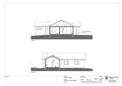 Snittegning (Snitt A-A og Snitt B-B) som viser tverrsnittet av en bolig, inkludert konstruksjon, høyder og grunnforhold.
