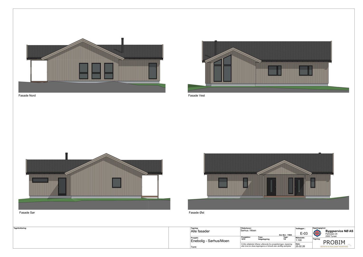 Fasadetegning som viser alle sider av en enebolig (Nord, Vest, Sør, Øst).
