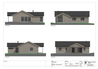 Fasadetegning som viser alle sider av en enebolig (Nord, Vest, Sør, Øst).