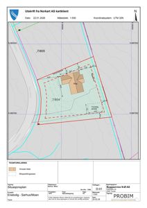 Situasjonsplan som viser tomtens grenser (7/804 og 7/805), planlagt bygning, biloppstillingsplass, og omrøkt tiltak.