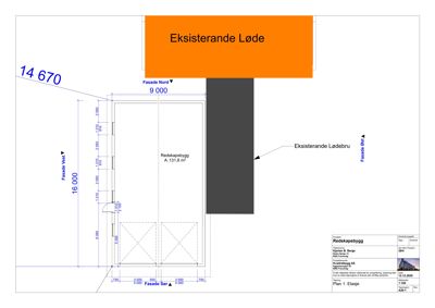 Etasjeplan som viser en ny bygning (Rødkapshvigg) i forhold til eksisterende løder og lødebru, med angitte mål og fasader.