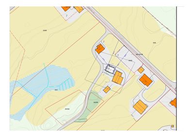 Situasjonsplan som viser tomtens plassering i forhold til nabolag, veier, høydeforhold (konturlinjer) og vannforekomster.