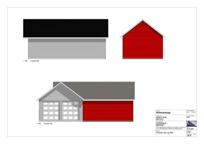 Fasadetegning som viser bygningens ytre utseende fra tre ulike vinkler (Sør, Øst og en kombinasjon av Sør og Øst).
