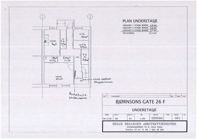 Plantegning av underetasjen i en bygning på Bjørnsons gate 26 F, med romfordeling og arealoppgivelser.