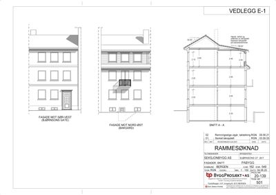 Tegning som viser fasader og snitt av en bygning