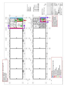 Etasjeplan (1. etasje) for Bjørnsongate 26F med romfordeling, dører, vinduer og tekniske detaljer.
