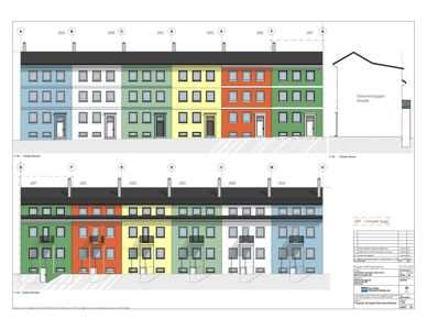 Fasadetegning som viser fasadeoppsettet for et fleretasjes bygg (26F - Omsett bygg). Tegningen illustrerer fargevalg, vinduoppsett og balkonger for hver etasje.