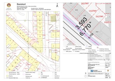 Situasjonsplan som viser eiendomsgrenser, bygninger, vegforhold og arealdata for en tomt i Bergen.