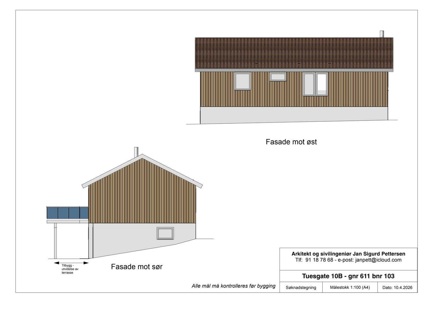 Fasadetegning som viser bygningens utseende fra øst og sør, inkludert takform, vinduer og materialvalg.