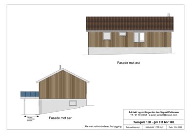 Fasadetegning som viser bygningens utseende fra øst og sør, inkludert takform, vinduer og materialvalg.