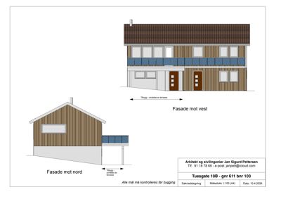 Fasadetegning som viser bygningens utseende fra nord og vest.