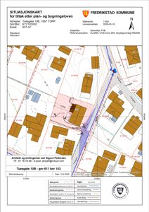 Situasjonskart som viser eiendomsforhold, nabobygninger, vegnett og planlagt tiltak for TUESGATE 10B i Fredrikstad.