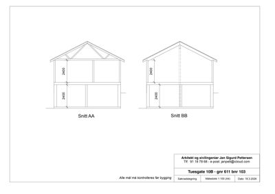Snittegning (Snitt AA og Snitt BB) som viser tverrsnittet av en bygning med høydemål.