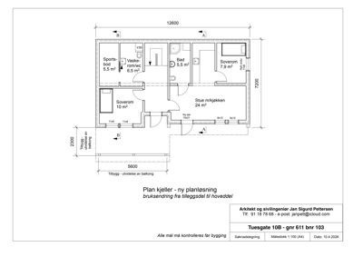 Etasjeplan for kjelleretasje med romfordeling, mål og beskrivelse av bruksendring.